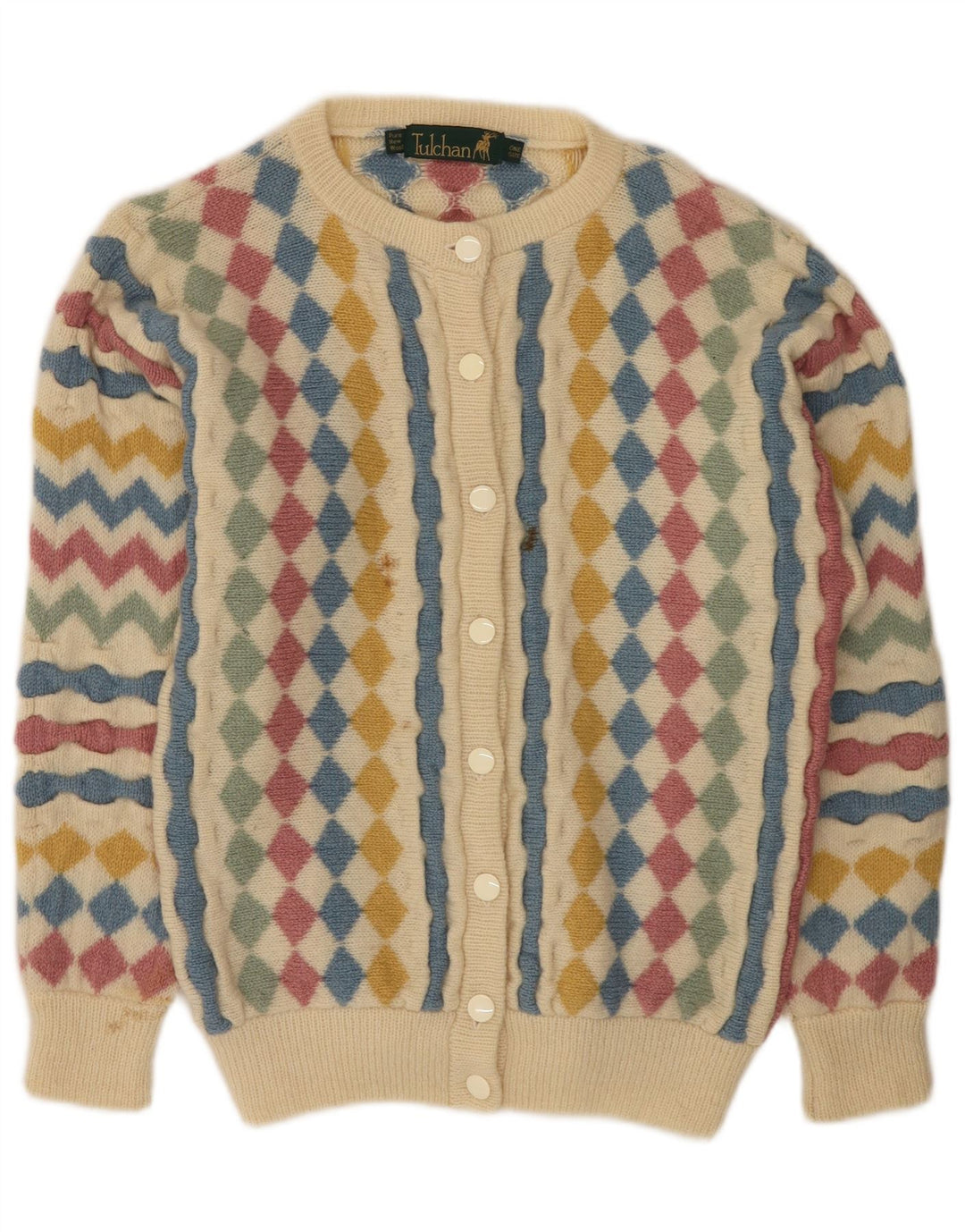 Tulchan Dame Cardigan Sweater One Size Beige Argyle/Diamond New Wool