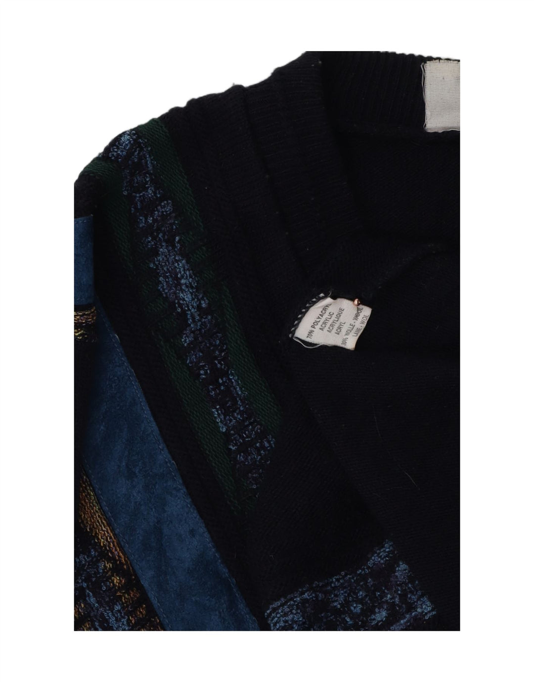 Vintage herre V-hals sweater stor marineblå geometrisk polyakryl
