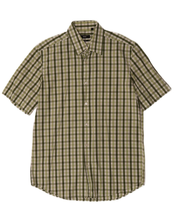 Hugo Boss Kortærmet Herreskjorte Størrelse 40 15 3/4 Medium Grøn Gingham