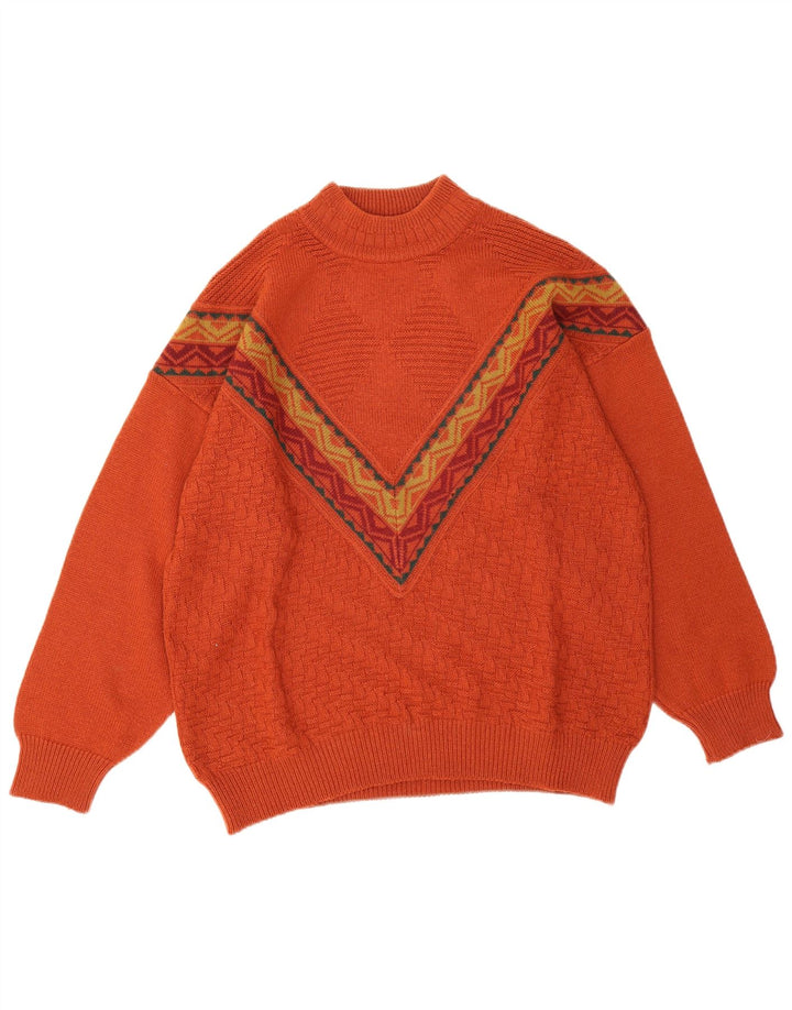 Vintage Herre Turtle Neck Jumper Sweater Stor Orange Geometrisk Uld