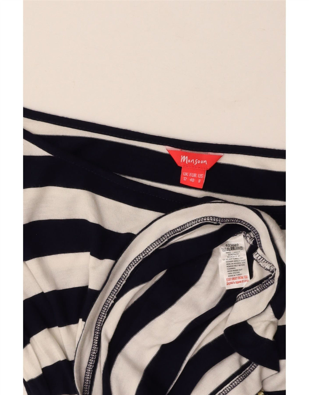 MONSOON Dame Tunika Top UK 12 Mellem marineblå stribet viskose