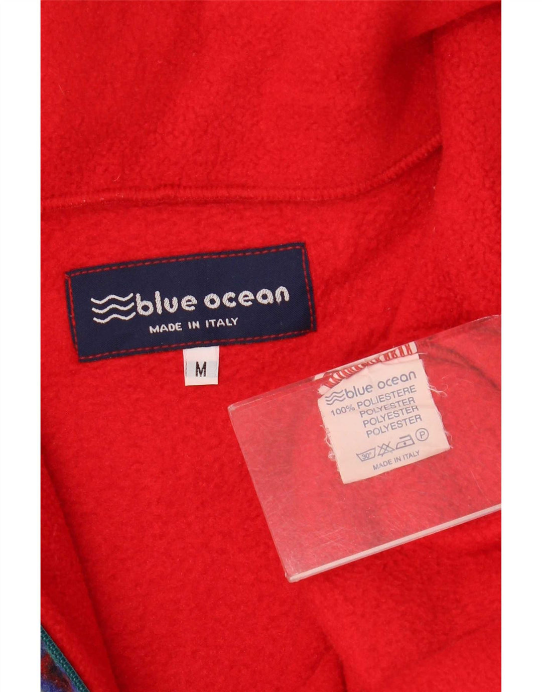 Vintage herre lynlås-hals fleece jumper medium rød geometrisk polyester