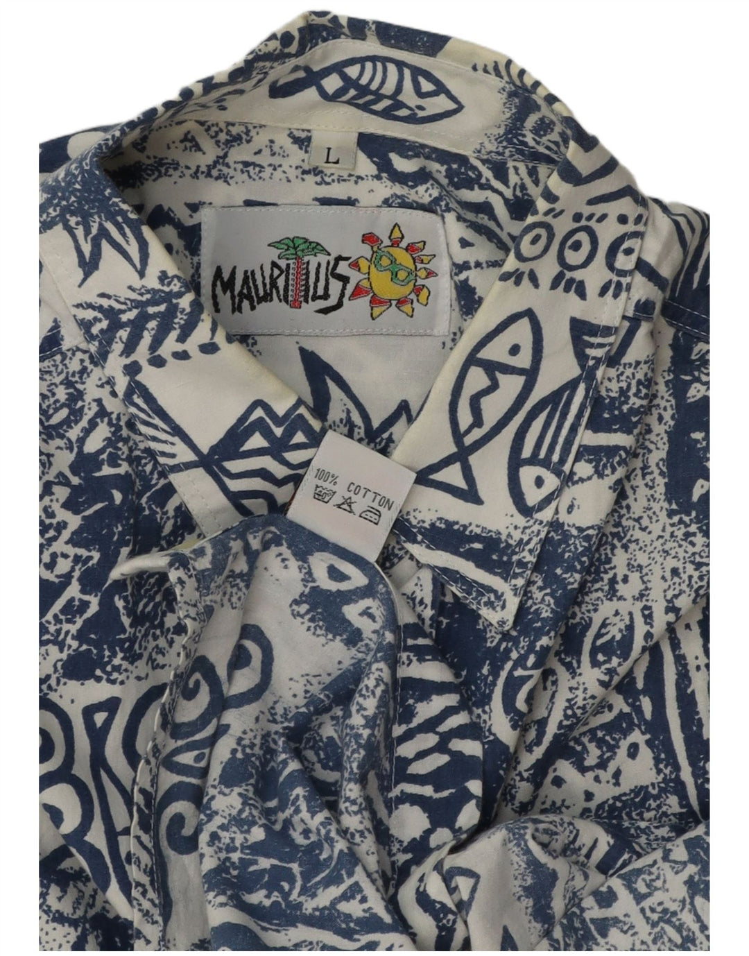 Mauritius Kortærmet Herreskjorte Stor Blå Patchwork Bomuld Hawaiian