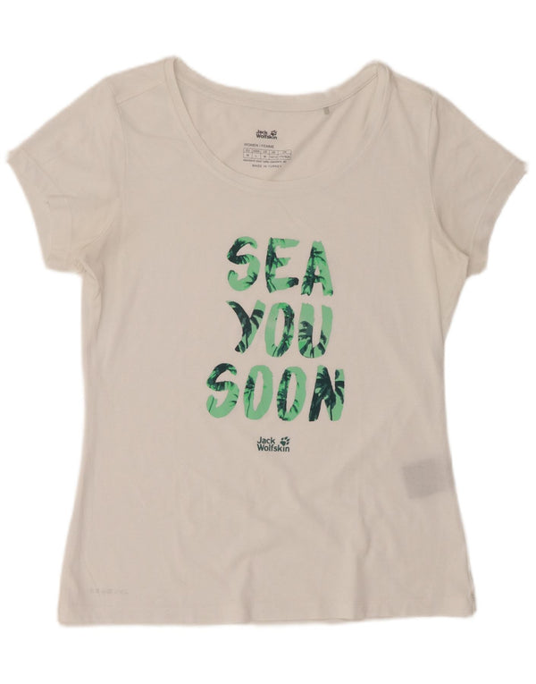 JACK WOLFSKIN Grafisk T-shirt top til kvinder DK 10/12 Medium hvid bomuld