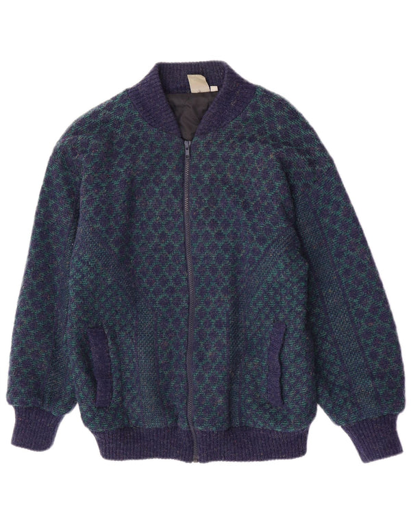 Vintage Herre Strik Bomber Jacket UK 38 Medium Blue Geometric Acryl Retro