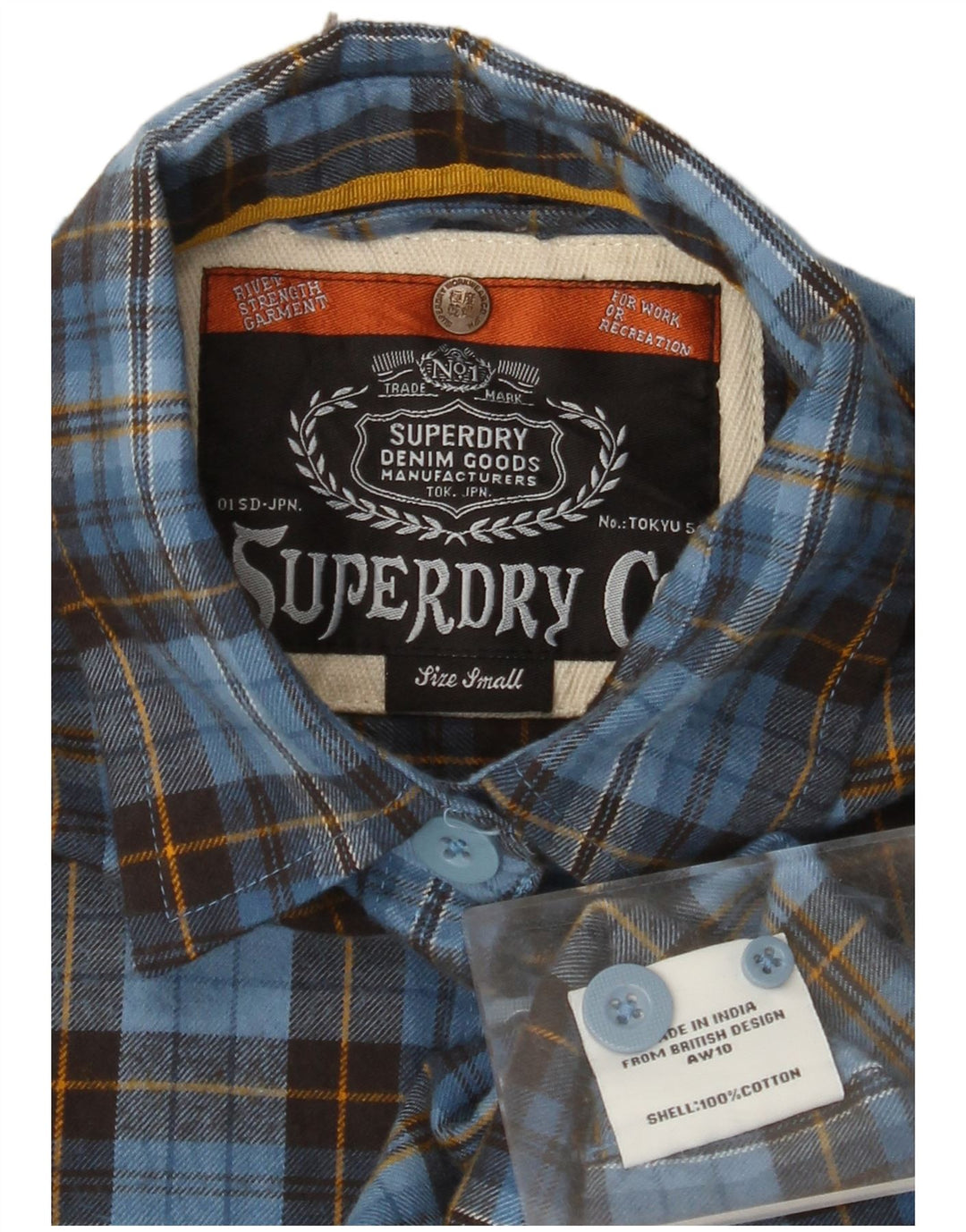 SUPERDRY Dame 3/4-ærmet flannelskjorte UK 10 Lille blå ternet bomuld