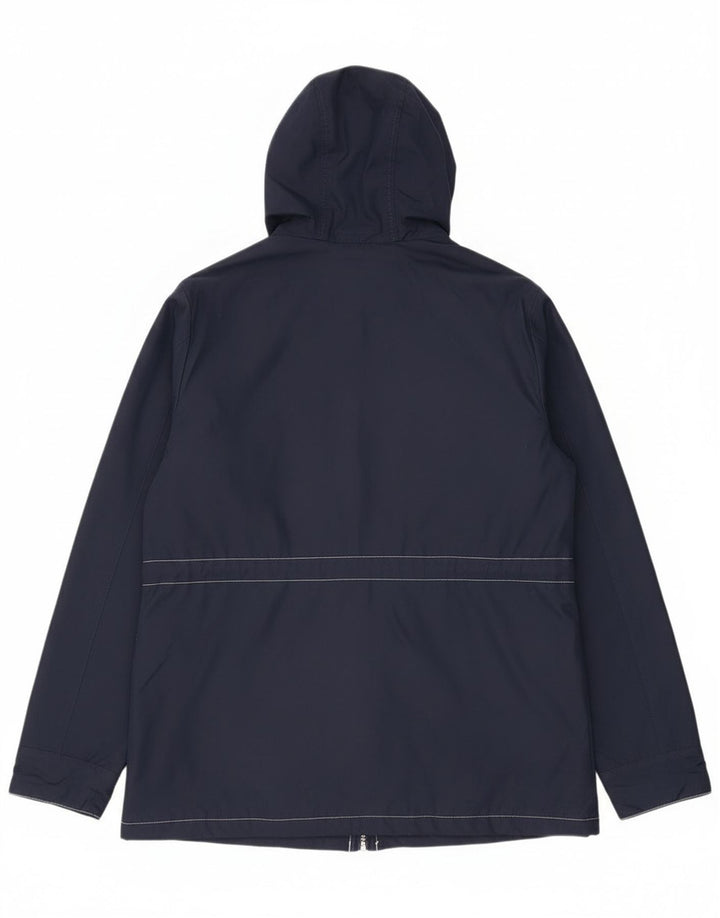 Vintage kvinders grafisk regnjakke med hætte UK 12 Mellem marineblå polyester