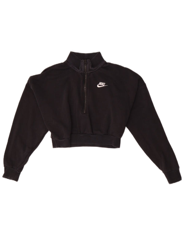 Nike Dame Oversized Crop Zip Neck Sweatshirt Jumper UK 6 XS Sort Bomuld