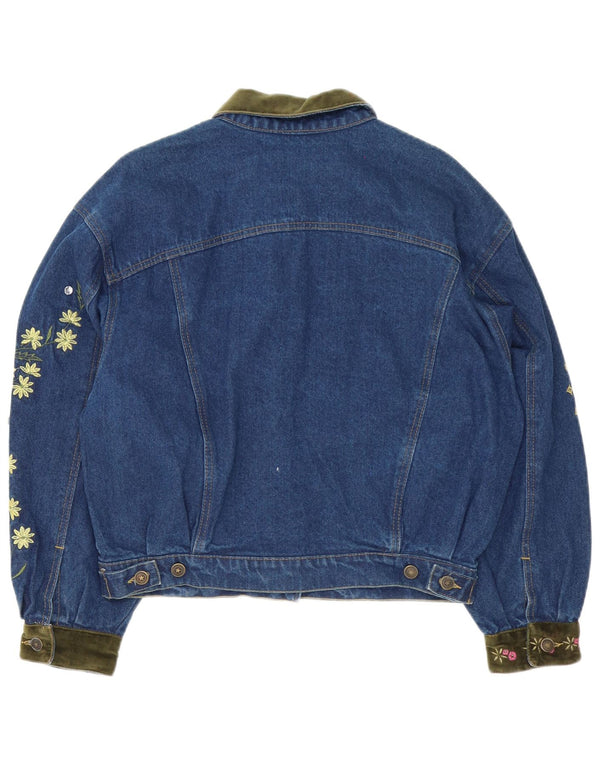 Vintage Dame Loose Fit denimjakke UK 14 Medium Blue Floral Bomuld