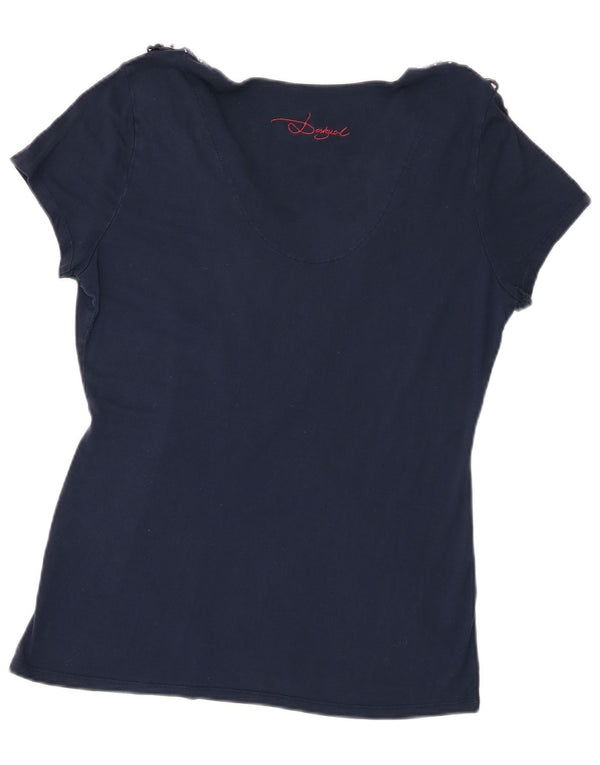 Desigual Dame Grafisk T-Shirt Top UK 18 XL Navy Blue Patchwork