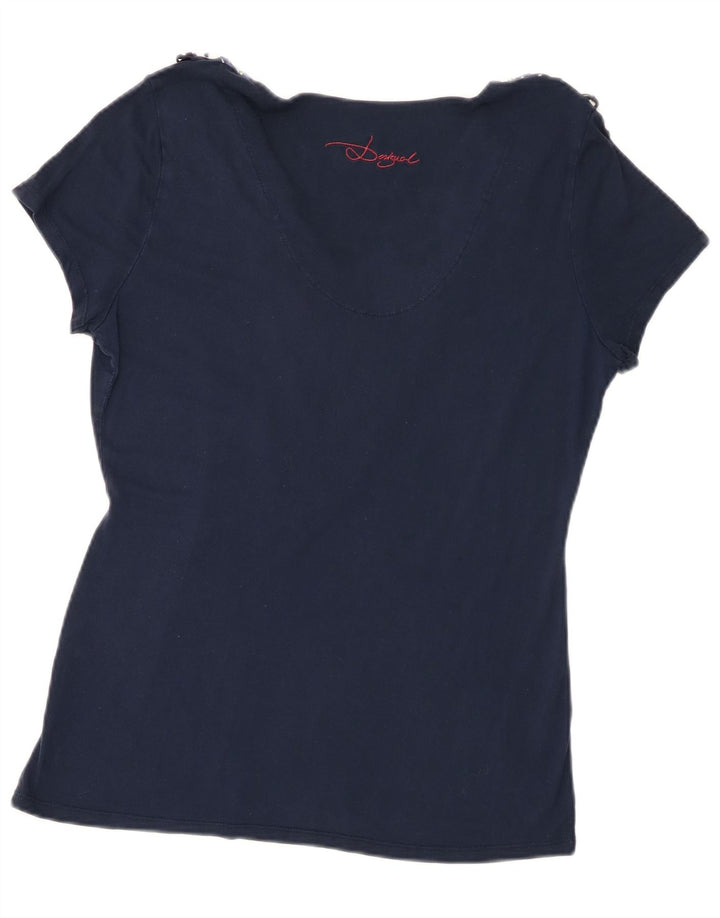 Desigual Dame Grafisk T-Shirt Top UK 18 XL Navy Blue Patchwork