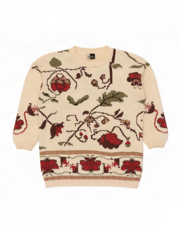 Vintage dame sweater med rund hals DK 14/16 stor beige blomster bomuld