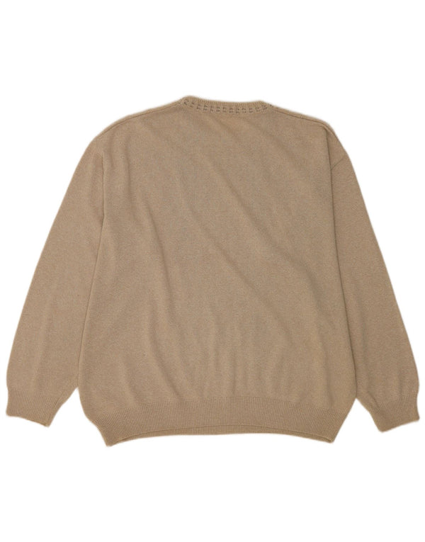 Vintage Mens Crew Neck Jumper Sweater XL Beige Geometric Cotton