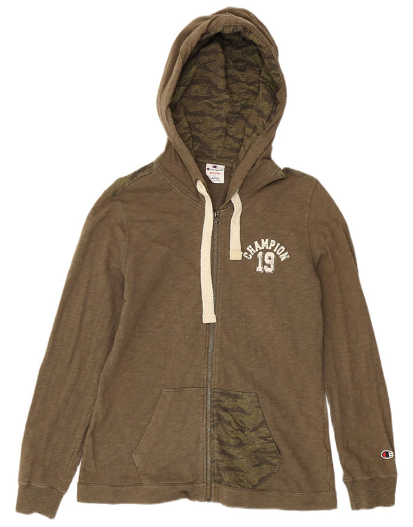 Champion Womens Zip Hoodie Sweater UK 14 Large Khaki Camouflage Cotton