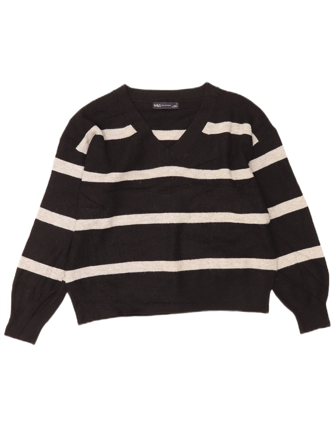 Marks & Spencer Dame V-hals sweater UK 14 Medium Sort Stribet