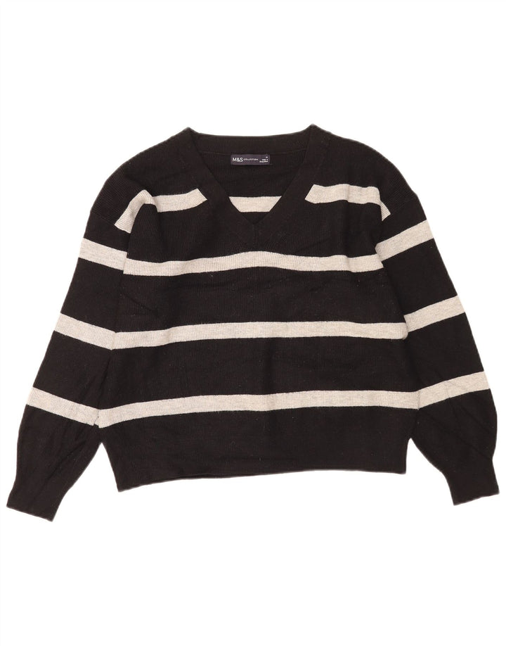 Marks & Spencer Dame V-hals sweater UK 14 Medium Sort Stribet