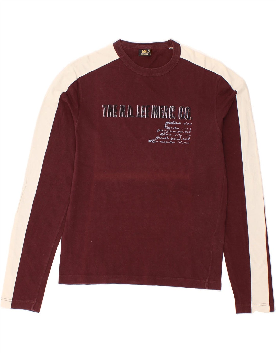 LEE Womens Graphic Top Long Sleeve UK 14 Large Maroon Colourblock Cotton Vintage Lee and Second-Hand Lee from Messina Hembry 