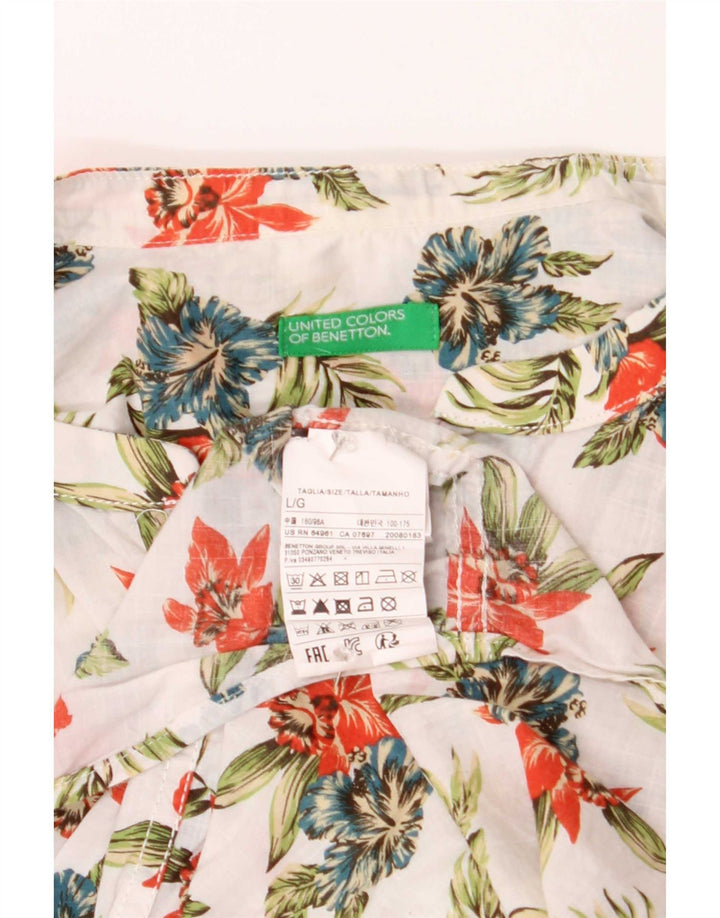 Benetton herreskjorte stor hvid blomstret bomuld