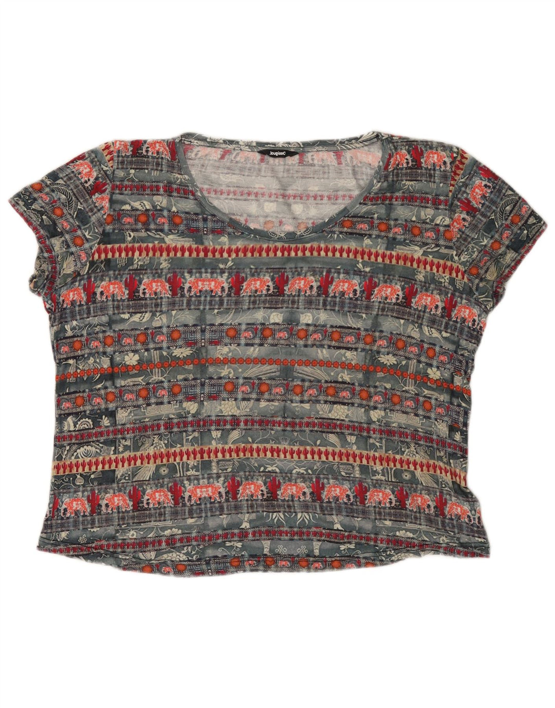 DESIGUAL Dame Grafisk T-Shirt Top UK 20 2XL Grå Viscose