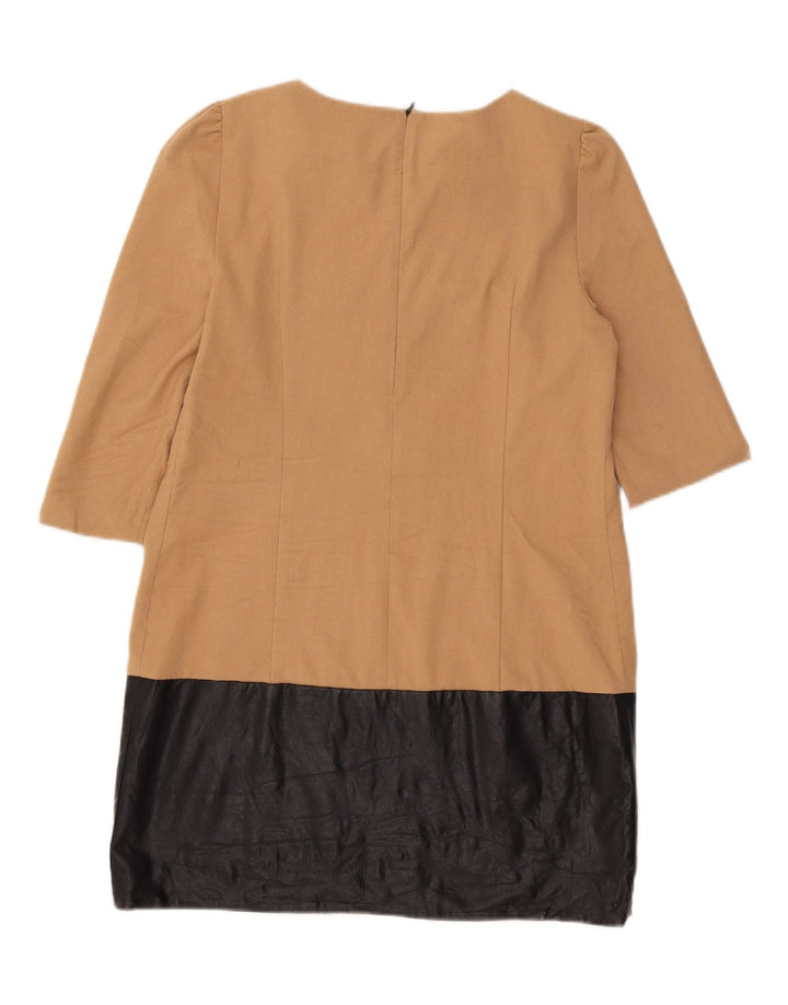 Zara Dame 3/4 ærme Skift Kjole UK 14 Large Beige Colourblock Polyester