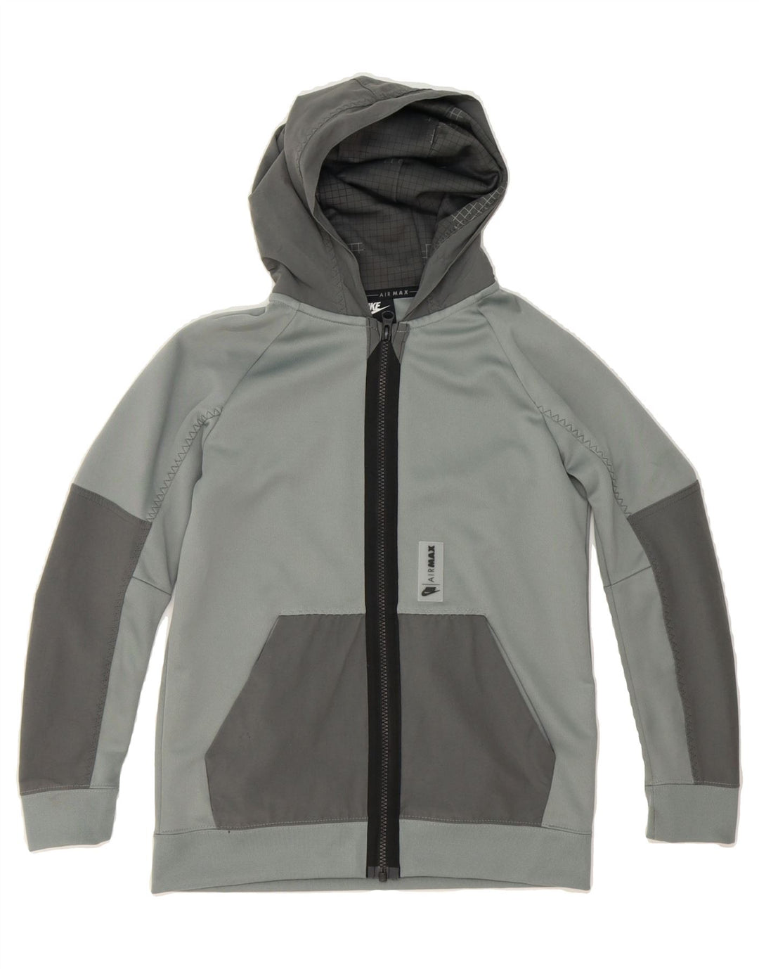NIKE Boys Graphic Zip Hoodie Sweater 10-11 Years Medium Grey Colourblock Vintage Nike and Second-Hand Nike from Messina Hembry 