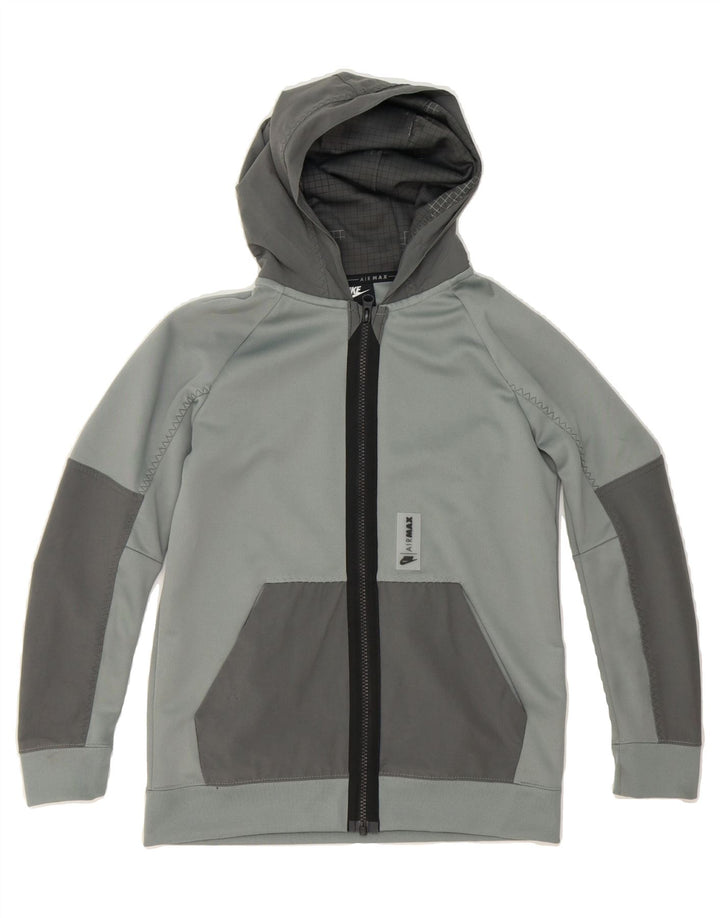 NIKE Boys Graphic Zip Hoodie Sweater 10-11 Years Medium Grey Colourblock Vintage Nike and Second-Hand Nike from Messina Hembry 