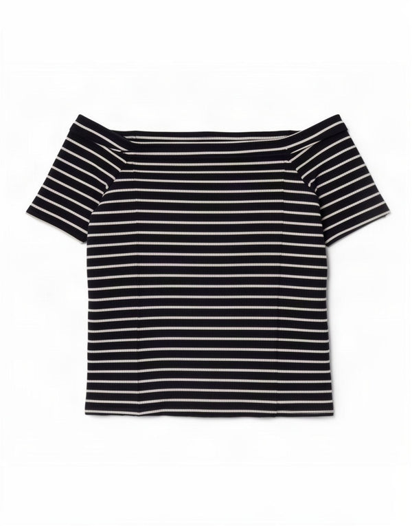 Phase Eight Womens Crop Off Shoulder Top UK 14 Medium Navy Blue Striped