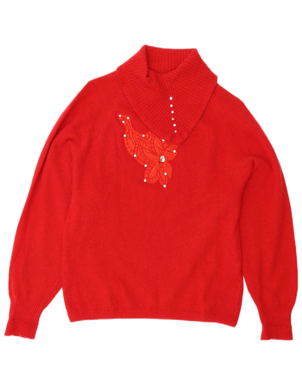 Vintage Dame Shawl Neck Jumper Sweater UK 12 Medium Red Wool
