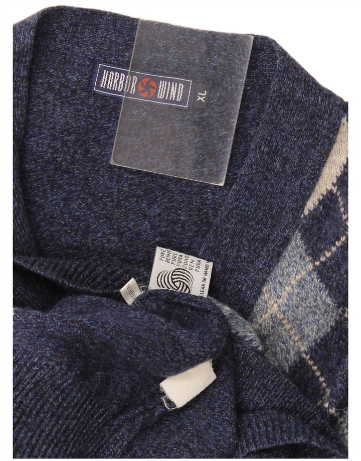 Vintage herre cardigan sweater XL marineblå Argyle/Diamond Wool
