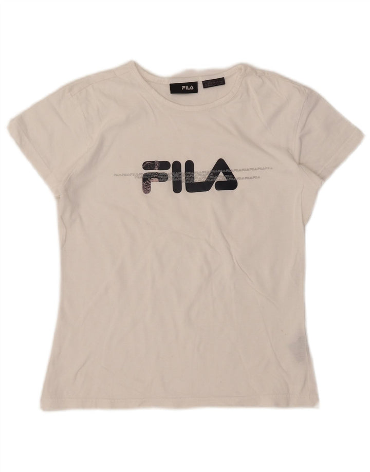 Fila Dame Grafisk T-Shirt Top UK 12 Medium Hvid Bomuld