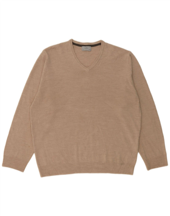 Marks & Spencer Herre Regular Fit V-hals sweater 2XL Beige Akryl