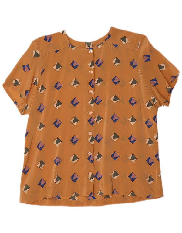 Vintage Dame Kortærmet Skjorte Bluse UK 16 Stor Brun Geometrisk