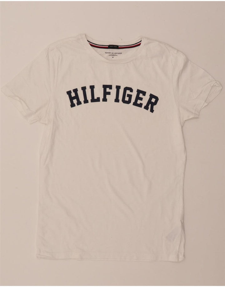TOMMY HILFIGER Grafisk T-shirt top til kvinder UK 14 Medium hvid bomuld
