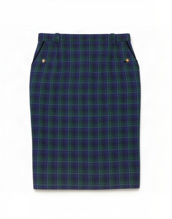 Hucke Pencil Nederdel til kvinder UK 18 XL W34 Blå Ternet Virgin Wool
