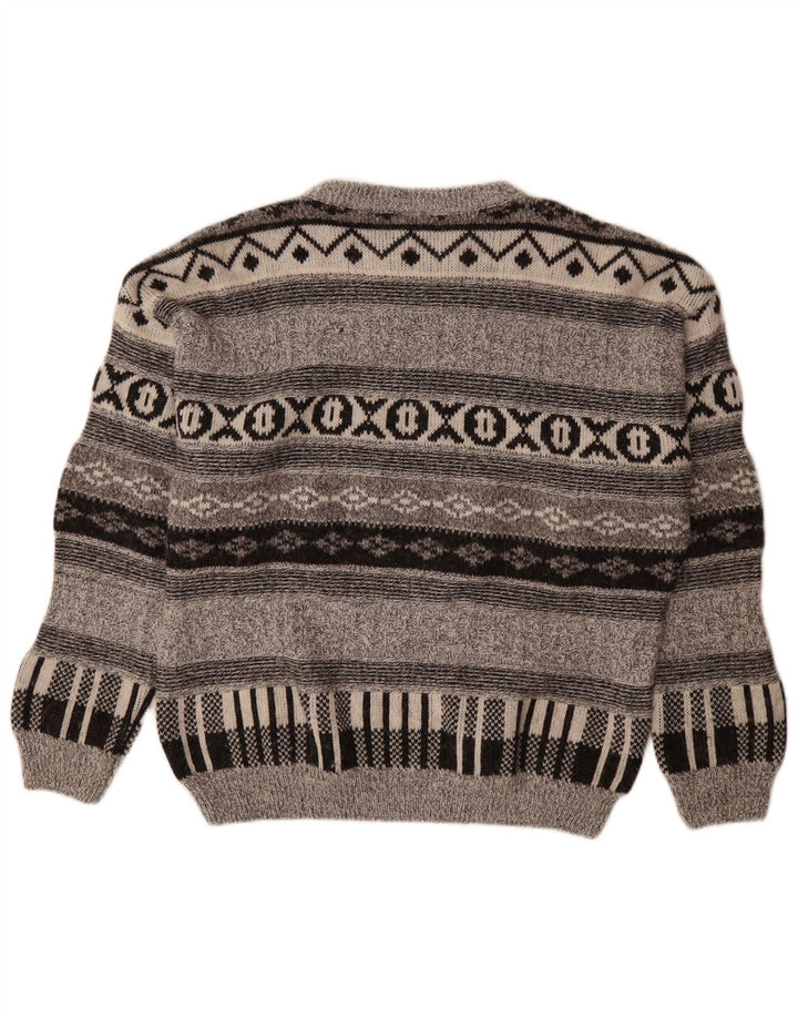 Vintage herre sweater med rund hals, mellemgrå geometrisk uld