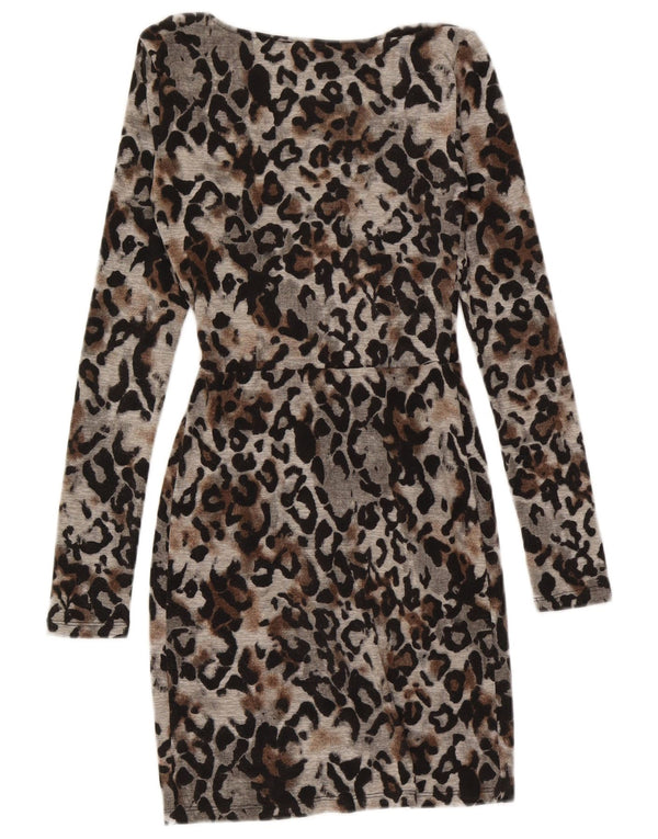 Topshop Dame Langærmet Bodycon Kjole UK 6 XS Grå Animal Print