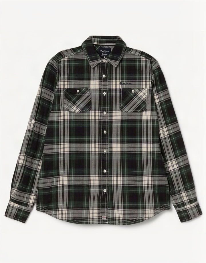 PEPE Jeans Dame Flanelskjorte UK 14 Medium Grøn Ternet Bomuld