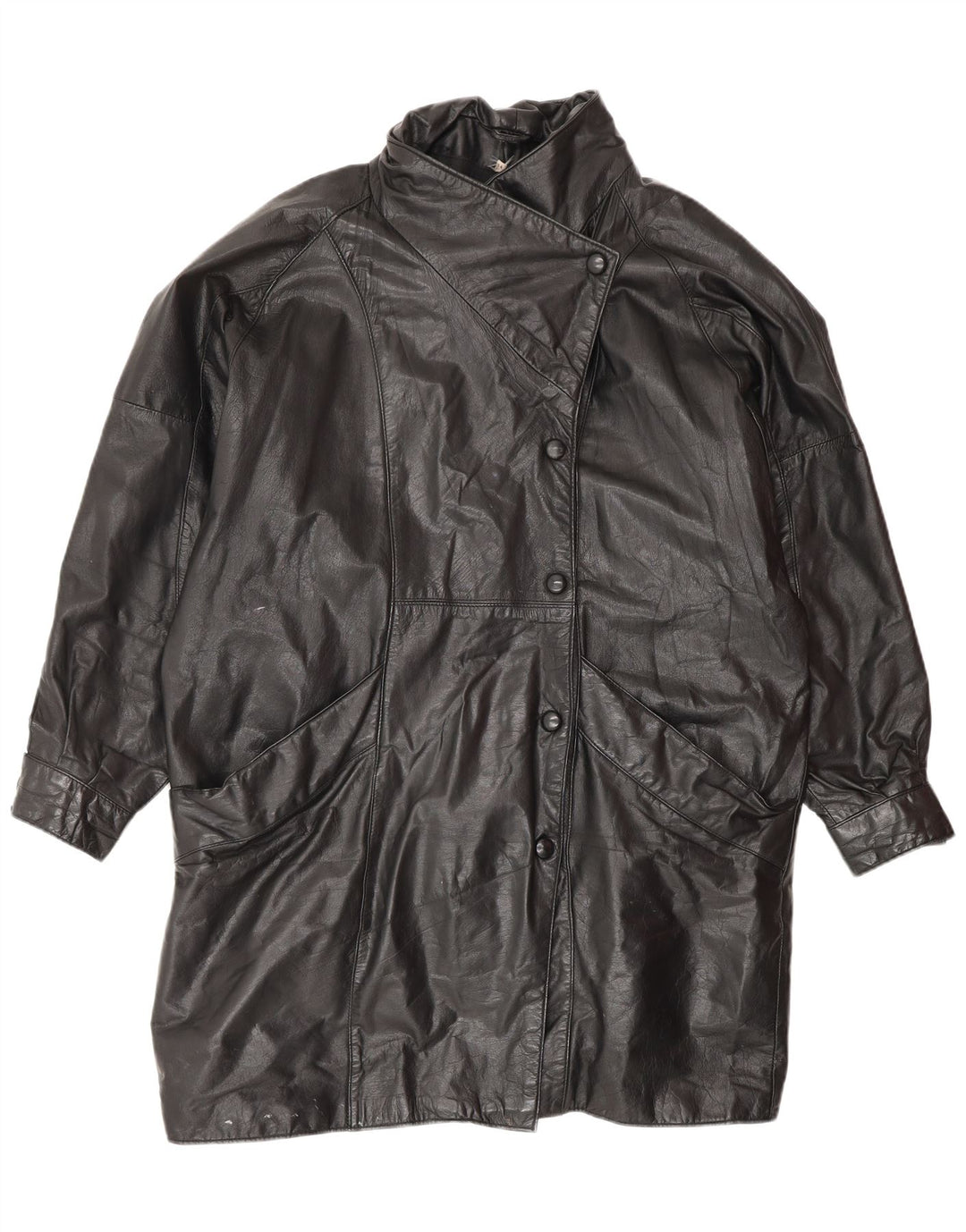 VINTAGE Oversized læderfrakke til kvinder UK 14 Medium sort læder