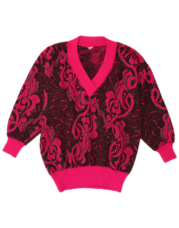 Vintage Dame V-hals sweater UK 16 Large Pink Paisley Polyacrylic