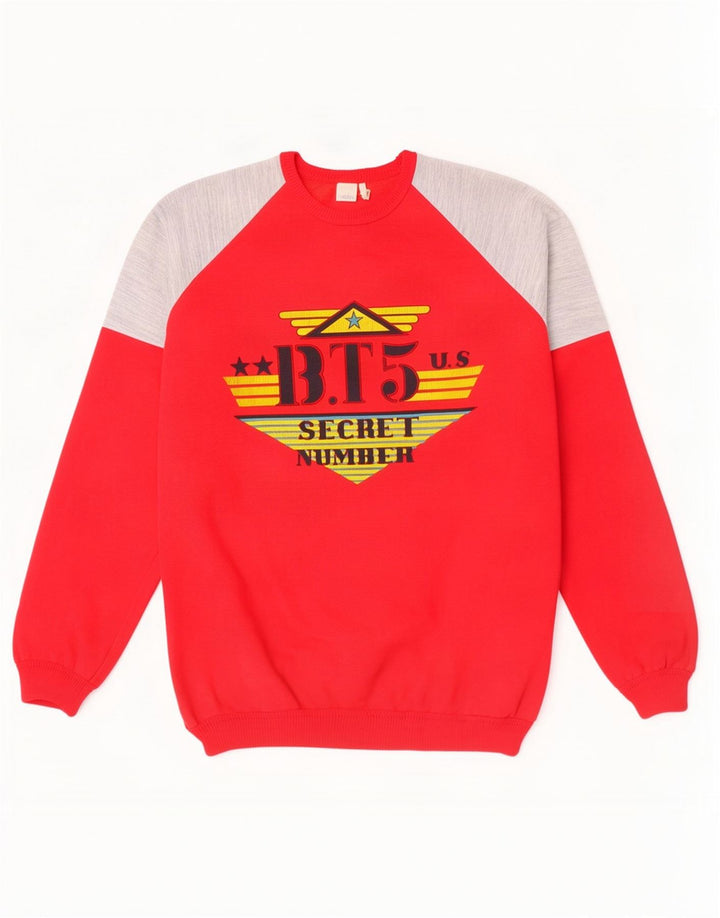 Vintage Herre grafisk sweatshirt Jumper Medium Rød Colourblock Bomuld
