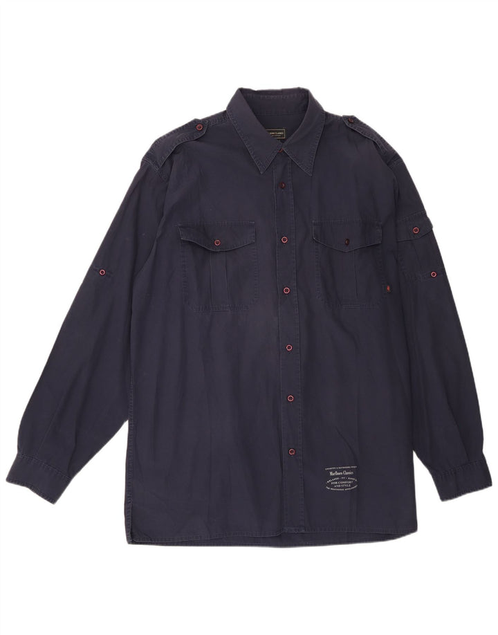 Marlboro Classics Herre Military Shirt XL Navy Blue Cotton