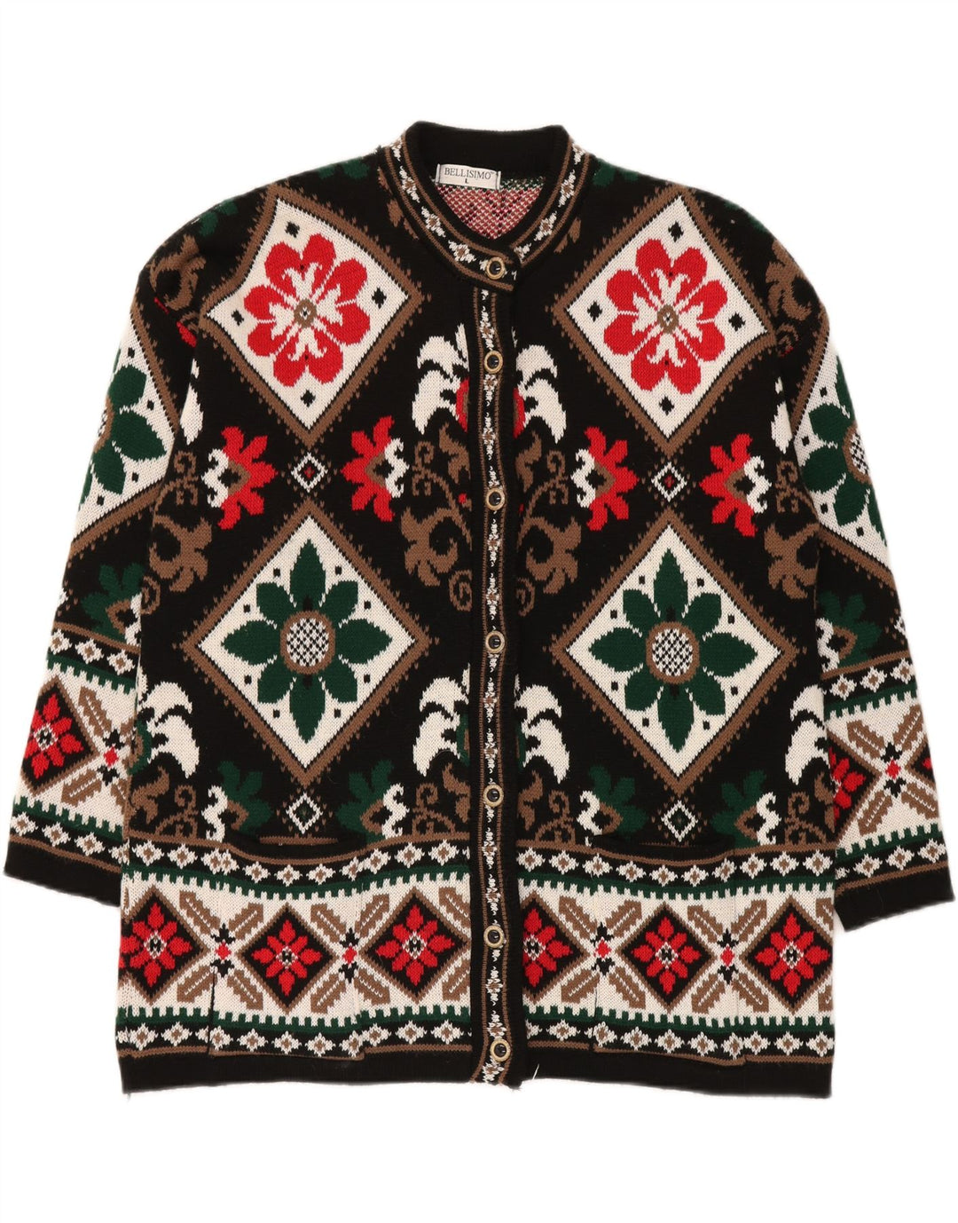 BELLISIMO Dame Oversized Cardigan Sweater UK 16 Large Black Fair Isle