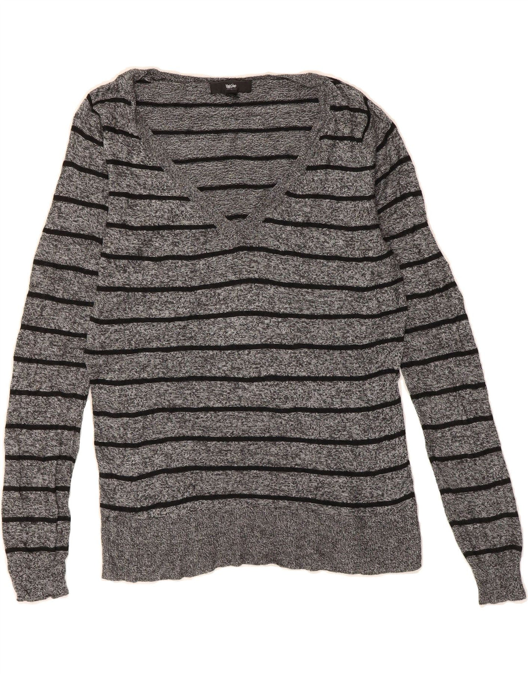 MOSSIMO Womens V-Neck Jumper Sweater UK 12 Medium Grey Striped Nylon Vintage Mossimo and Second-Hand Mossimo from Messina Hembry 