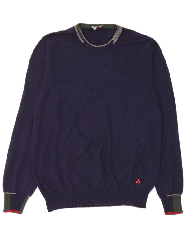 PEUTEREY Mens Crew Neck Jumper Sweater XL Navy Blue Colourblock Wool