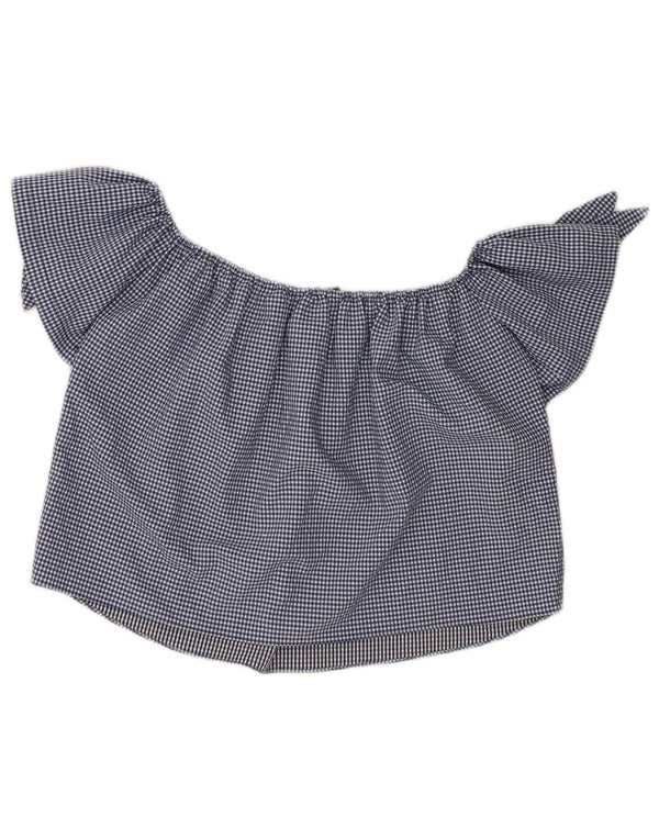 Zara Womens Crop Off Shoulder Top UK 10 Small Navy Blue Gingham