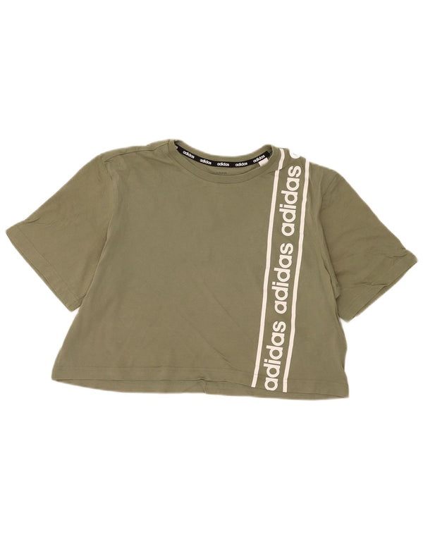 Adidas Dame Crop Grafisk T-Shirt Top UK 12/14 Medium Khaki Bomuld