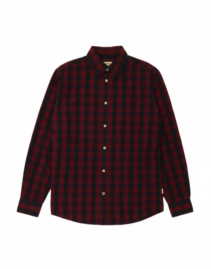 JACK & JONES Mens Shirt Medium Burgundy Check Cotton