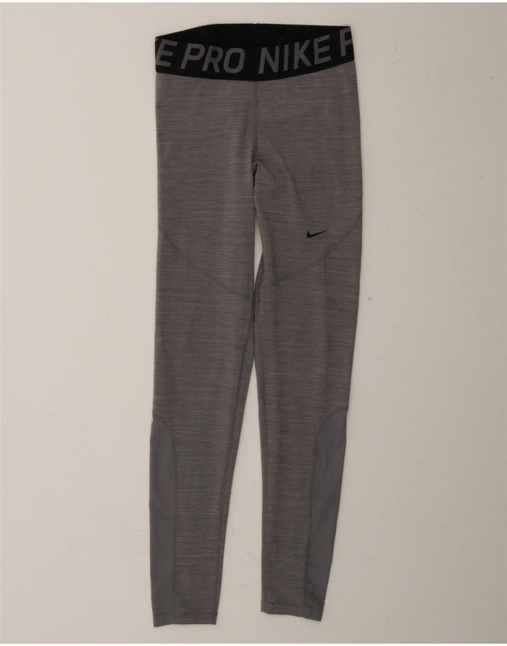 NIKE Womens Dri Fit Graphic Leggings UK 12 Medium Grey Flecked Polyester Vintage Nike and Second-Hand Nike from Messina Hembry 