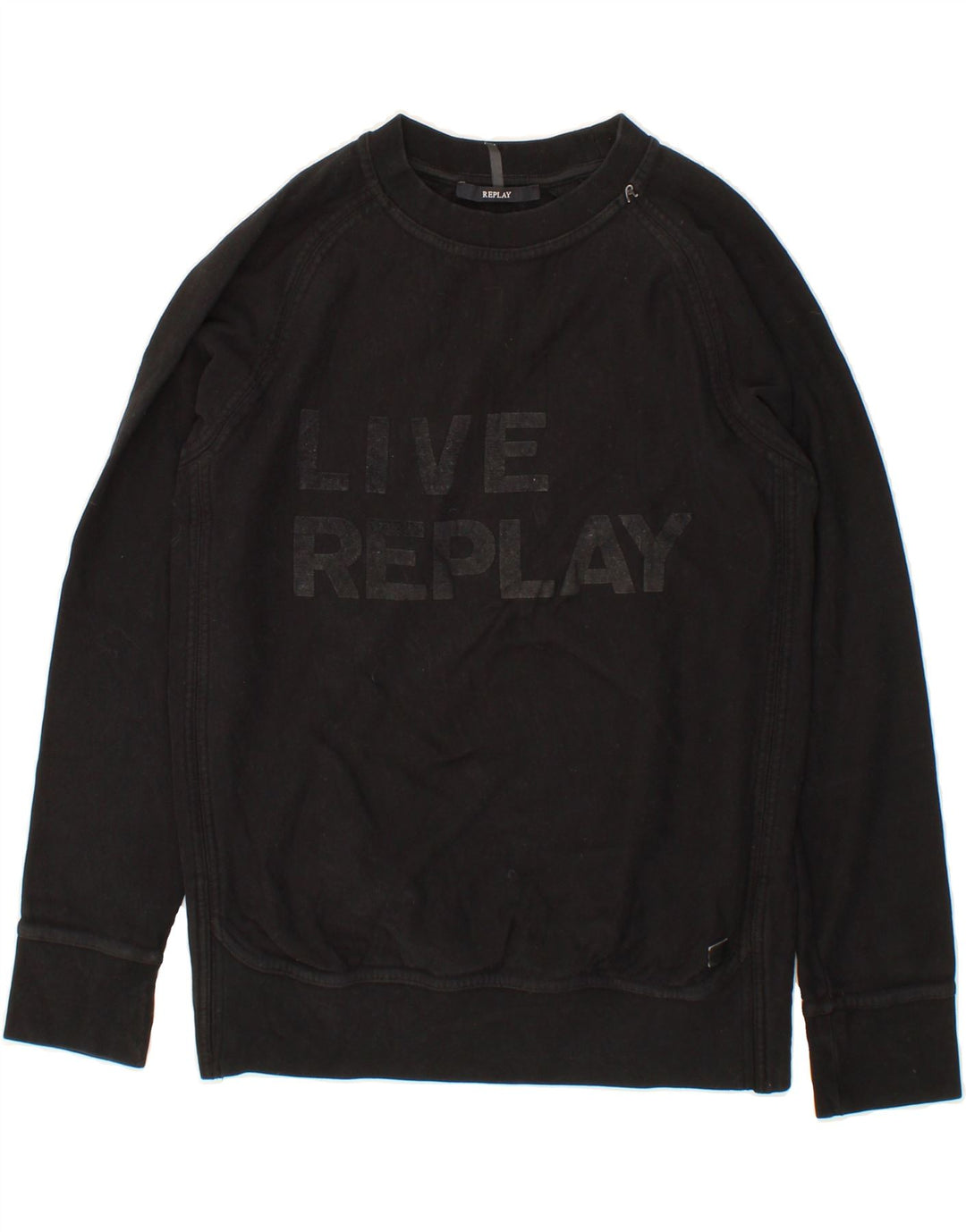 REPLAY Womens Graphic Sweatshirt Jumper UK 14 Medium Black Cotton Vintage Replay and Second-Hand Replay from Messina Hembry 