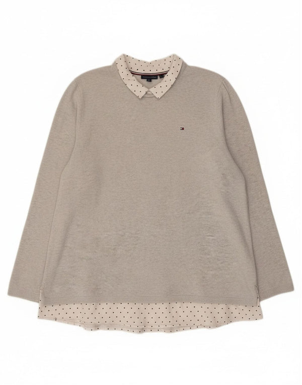 Tommy Hilfiger Dame Polo Neck Jumper Sweater UK 14 Large Grey Colourblock